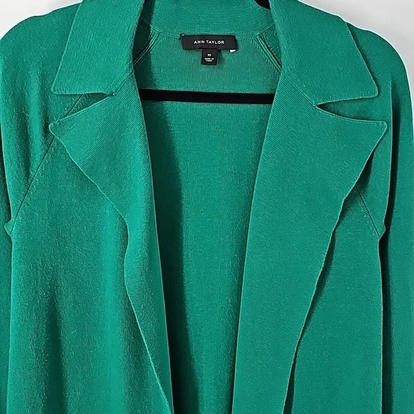 Ann Taylor Green Knee Length Duster Sweater w Rolled Sleeves+Side Slits - Picture 4 of 17